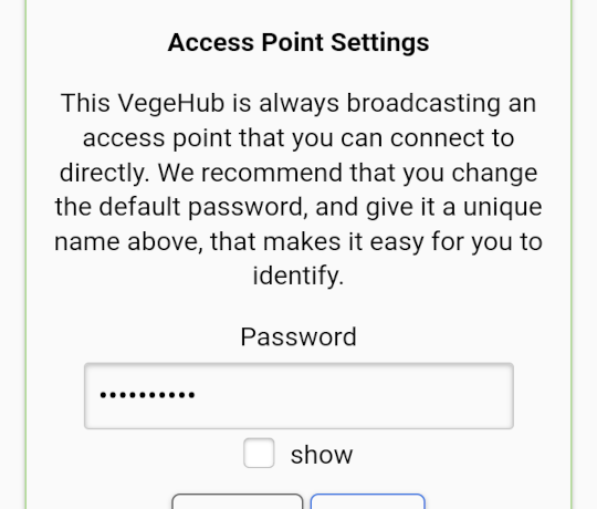 VegeHub WIFI Access Point password