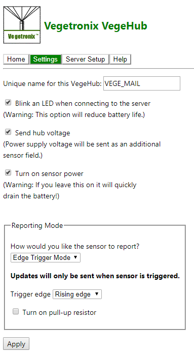 VegeHub Setup ScreenShot - Edge Trigger