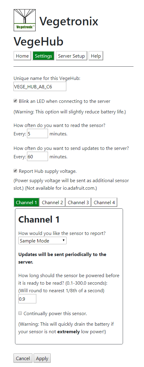 VegeHub Setup ScreenShot - Settings Home