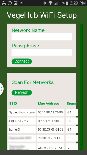 VegeSprinkler WIFI Sensor Hub Setup Screen